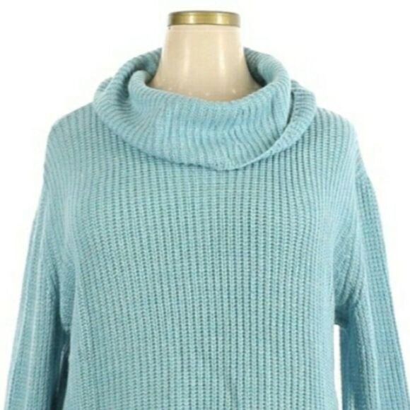 Lane Bryant Cable Knit Draped Cowl Cuffed Bell Sleeve Turquoise Sweater Sz 18/20 - Picture 5 of 13